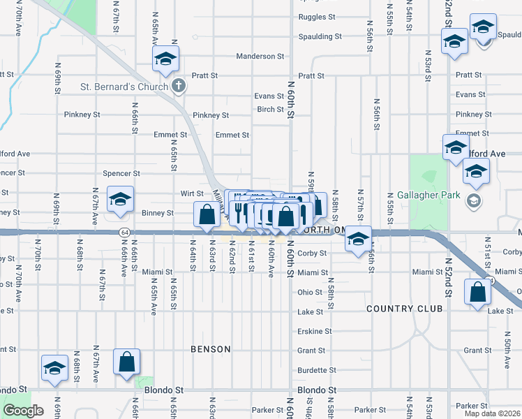 map of restaurants, bars, coffee shops, grocery stores, and more near 6028 Binney Street in Omaha