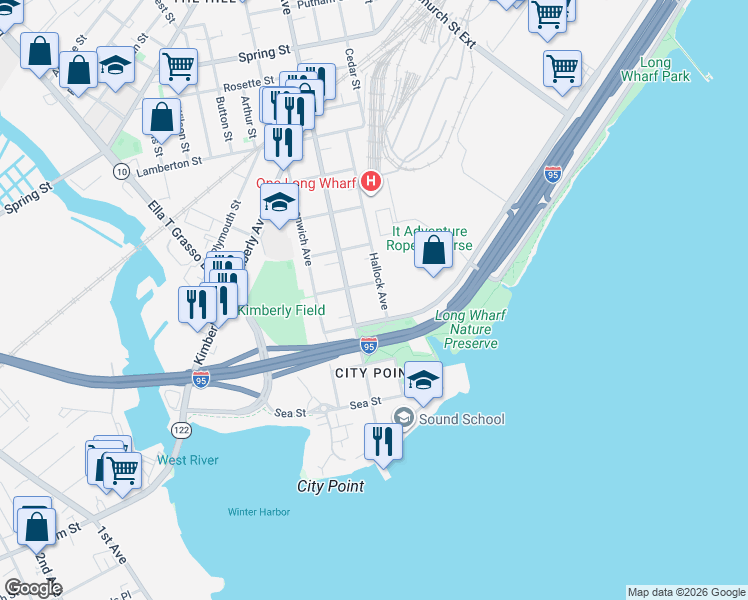 map of restaurants, bars, coffee shops, grocery stores, and more near 110 Hallock Avenue in New Haven
