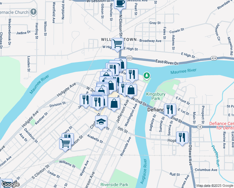 map of restaurants, bars, coffee shops, grocery stores, and more near in Defiance