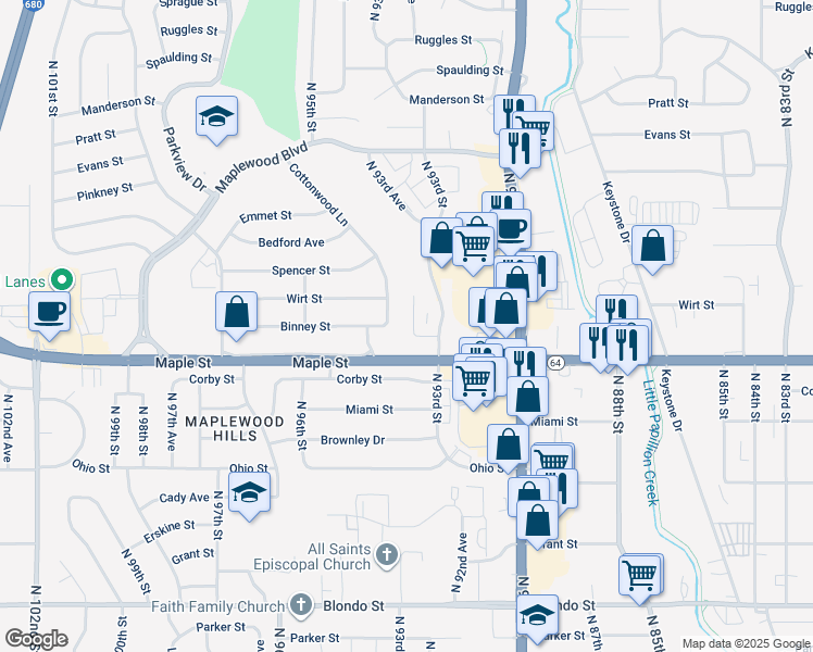 map of restaurants, bars, coffee shops, grocery stores, and more near 3012 Menke Circle in Omaha