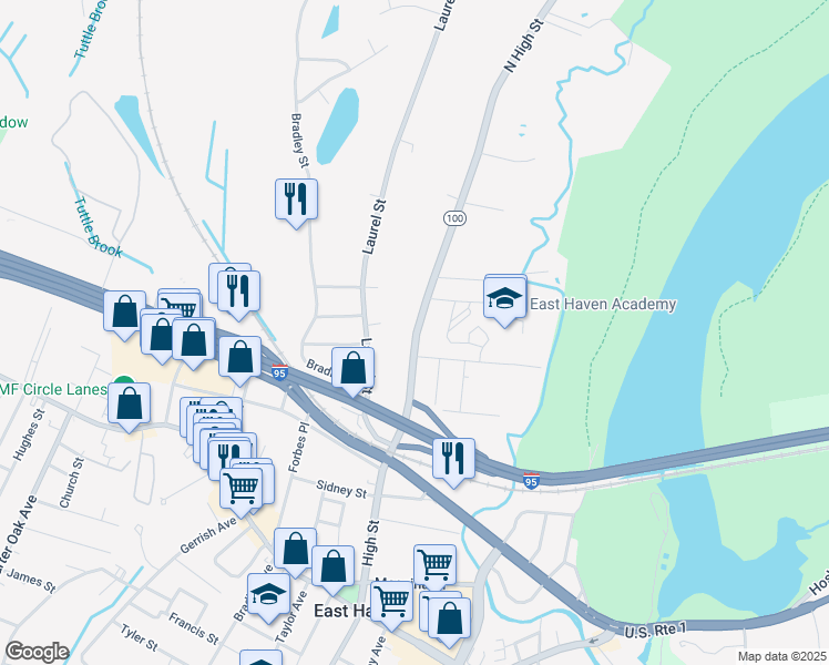 map of restaurants, bars, coffee shops, grocery stores, and more near 238 North High Street in East Haven