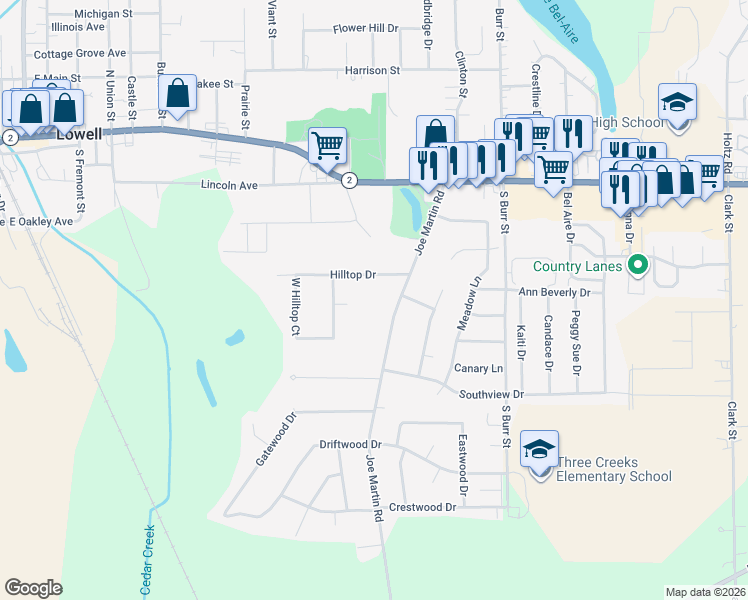 map of restaurants, bars, coffee shops, grocery stores, and more near 418 Joe Martin Road in Lowell