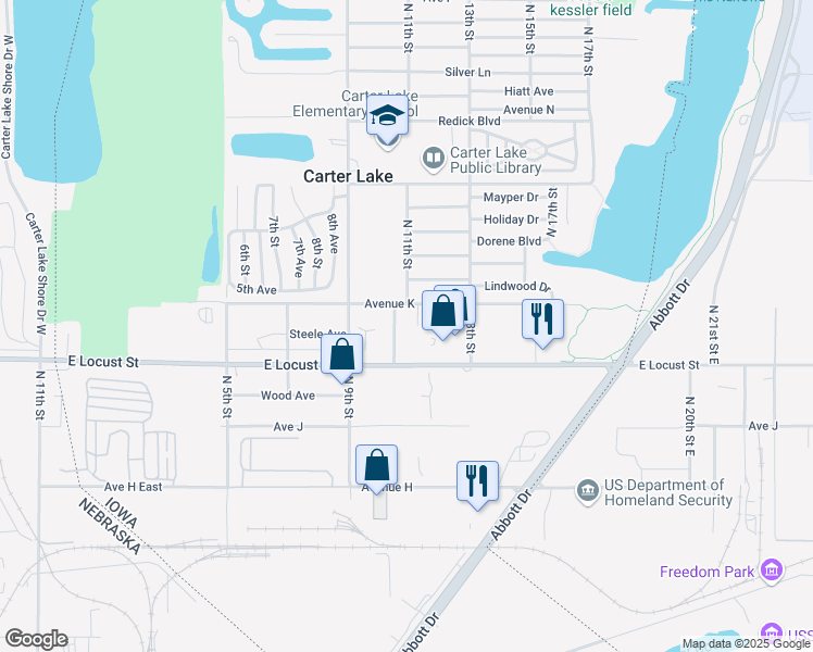 map of restaurants, bars, coffee shops, grocery stores, and more near 3011 Nakoma Lane in Carter Lake