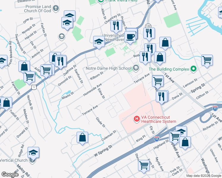 map of restaurants, bars, coffee shops, grocery stores, and more near 23 Simon Place in West Haven
