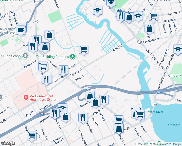 map of restaurants, bars, coffee shops, grocery stores, and more near 49 Front Avenue in West Haven