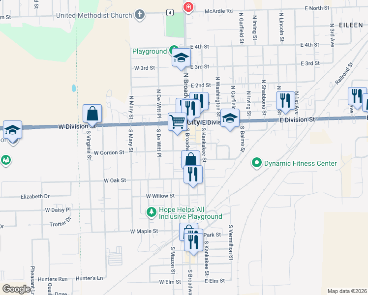 map of restaurants, bars, coffee shops, grocery stores, and more near 30 West Gordon Street in Coal City