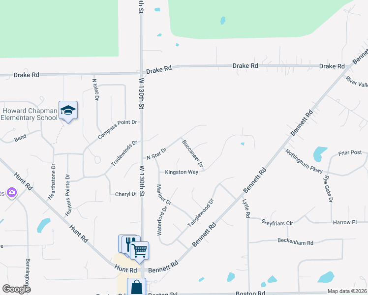 map of restaurants, bars, coffee shops, grocery stores, and more near 18240 Buccaneer Drive in North Royalton