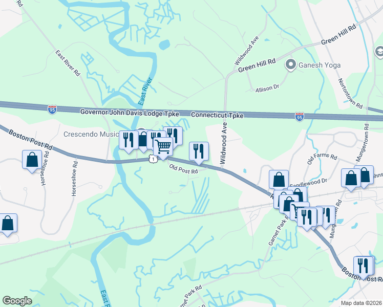 map of restaurants, bars, coffee shops, grocery stores, and more near 67 Boston Post Road in Madison