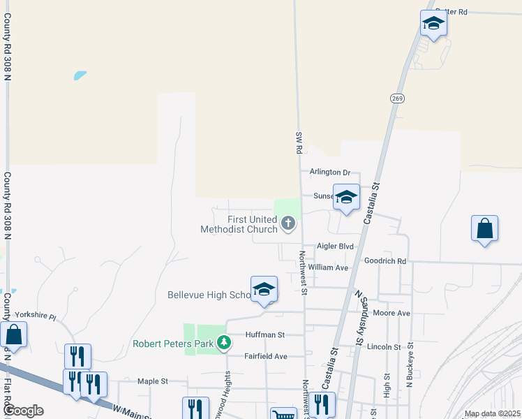 map of restaurants, bars, coffee shops, grocery stores, and more near 121 Meadowlark Drive in Bellevue