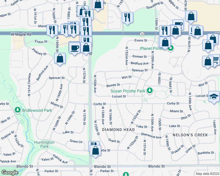 map of restaurants, bars, coffee shops, grocery stores, and more near 2929 North 153rd Avenue in Omaha