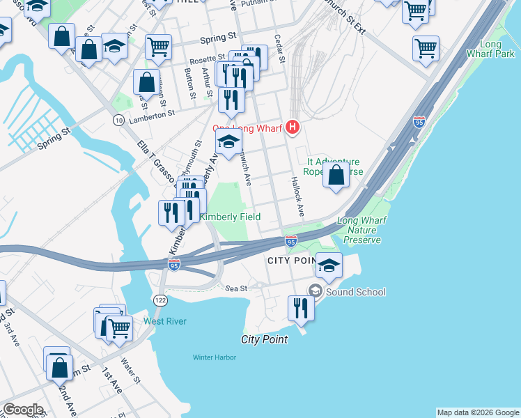 map of restaurants, bars, coffee shops, grocery stores, and more near 180 Howard Avenue in New Haven