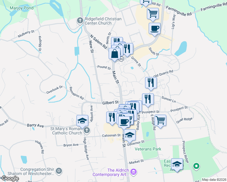 map of restaurants, bars, coffee shops, grocery stores, and more near 533 Main Street in Ridgefield