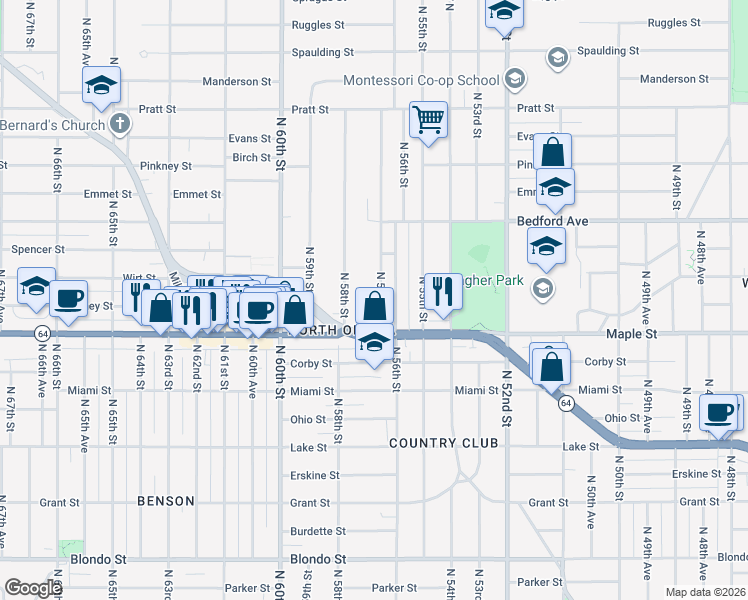 map of restaurants, bars, coffee shops, grocery stores, and more near 2919 North 58th Street in Omaha