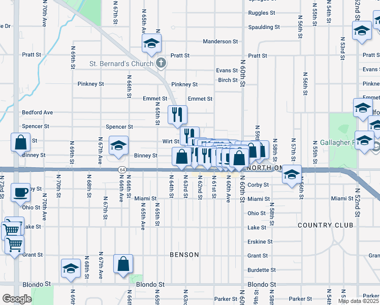 map of restaurants, bars, coffee shops, grocery stores, and more near 6135 Military Avenue in Omaha