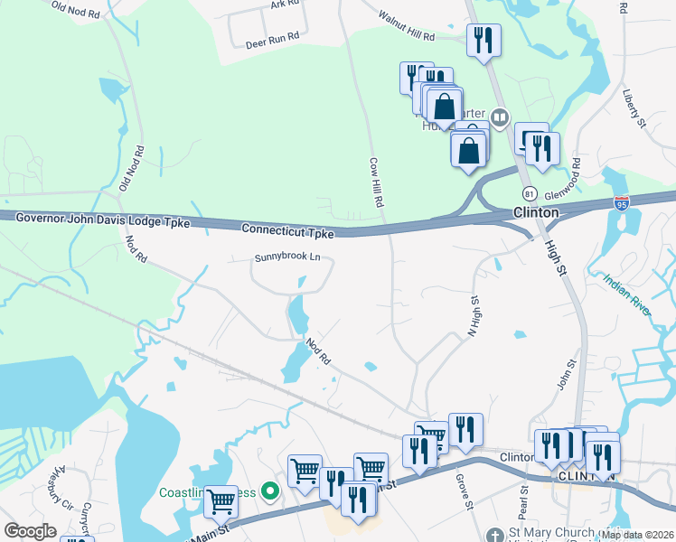 map of restaurants, bars, coffee shops, grocery stores, and more near 16 Sunnybrook Lane in Clinton