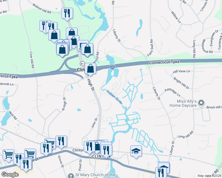 map of restaurants, bars, coffee shops, grocery stores, and more near Mill Road in Clinton