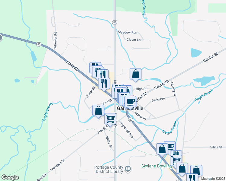 map of restaurants, bars, coffee shops, grocery stores, and more near 10787 North Street in Garrettsville