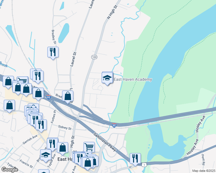 map of restaurants, bars, coffee shops, grocery stores, and more near 67 Hudson Street in East Haven