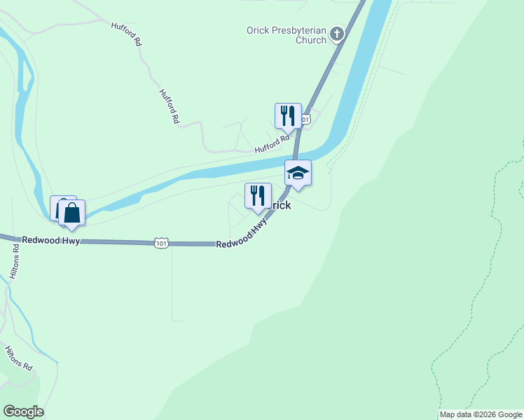 map of restaurants, bars, coffee shops, grocery stores, and more near 120789 U.S. 101 in Orick