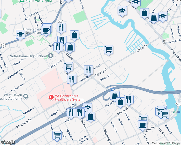 map of restaurants, bars, coffee shops, grocery stores, and more near 841 1st Avenue in West Haven