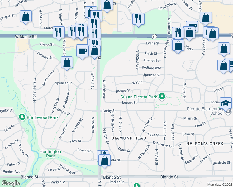 map of restaurants, bars, coffee shops, grocery stores, and more near 2929 North 155th Circle in Omaha
