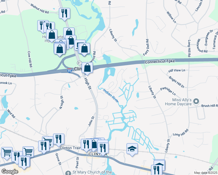 map of restaurants, bars, coffee shops, grocery stores, and more near Mill Road in Clinton