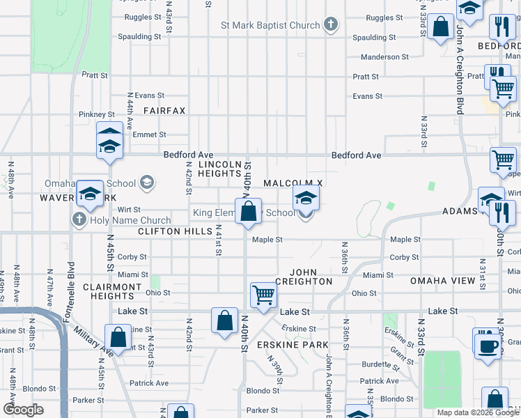 map of restaurants, bars, coffee shops, grocery stores, and more near 3829 Wirt Street in Omaha