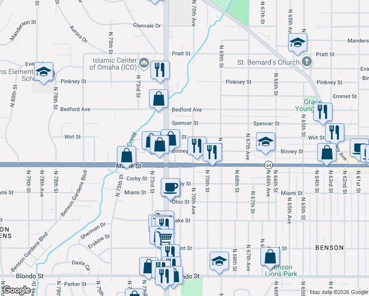 map of restaurants, bars, coffee shops, grocery stores, and more near 7070 Binney Street in Omaha