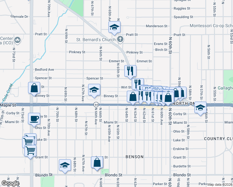 map of restaurants, bars, coffee shops, grocery stores, and more near 6502 Binney Street in Omaha