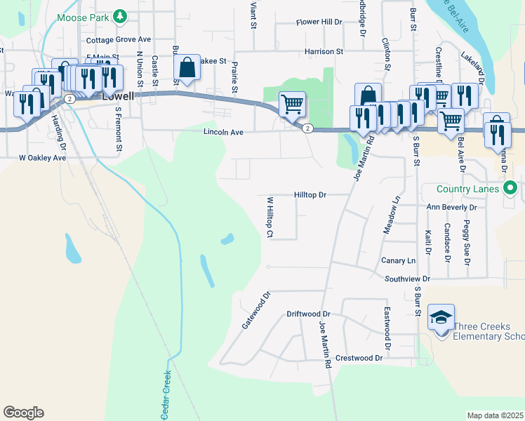 map of restaurants, bars, coffee shops, grocery stores, and more near 408 West Hilltop Court in Lowell