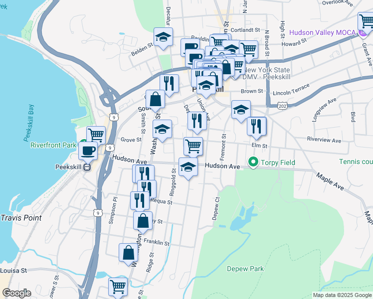 map of restaurants, bars, coffee shops, grocery stores, and more near 233 Ringgold Street in Peekskill