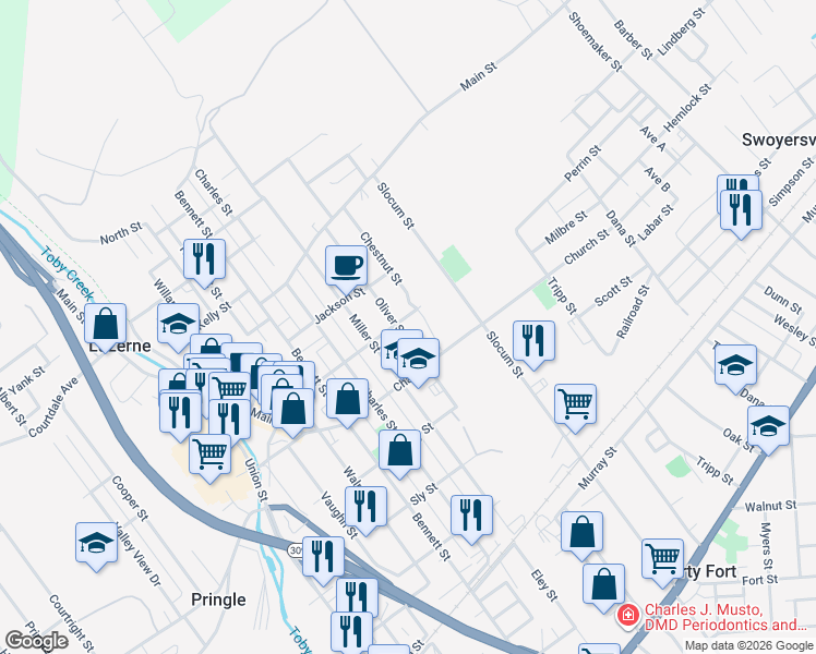 map of restaurants, bars, coffee shops, grocery stores, and more near 94 Oliver Street in Kingston