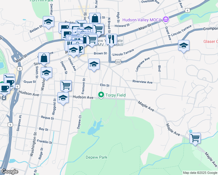 map of restaurants, bars, coffee shops, grocery stores, and more near 1119 Elm Street in Peekskill