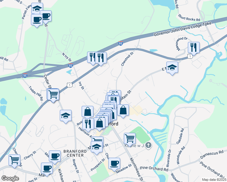 map of restaurants, bars, coffee shops, grocery stores, and more near 30 Chestnut Street in Branford
