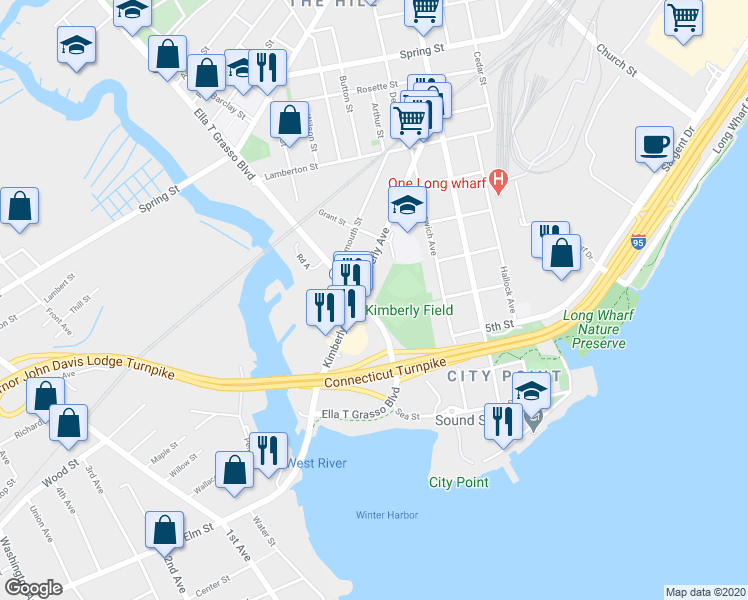 map of restaurants, bars, coffee shops, grocery stores, and more near 236 Kimberly Avenue in New Haven