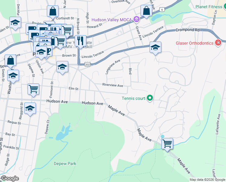 map of restaurants, bars, coffee shops, grocery stores, and more near 1425 Elm Street in Peekskill