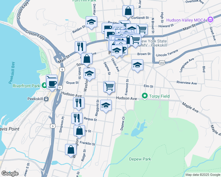 map of restaurants, bars, coffee shops, grocery stores, and more near 225 Depew Street in Peekskill