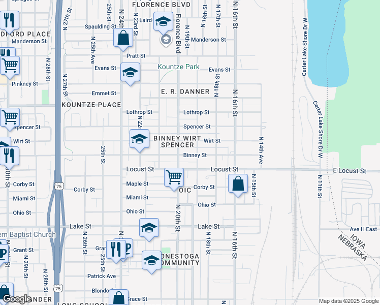 map of restaurants, bars, coffee shops, grocery stores, and more near 1911 Binney Street in Omaha