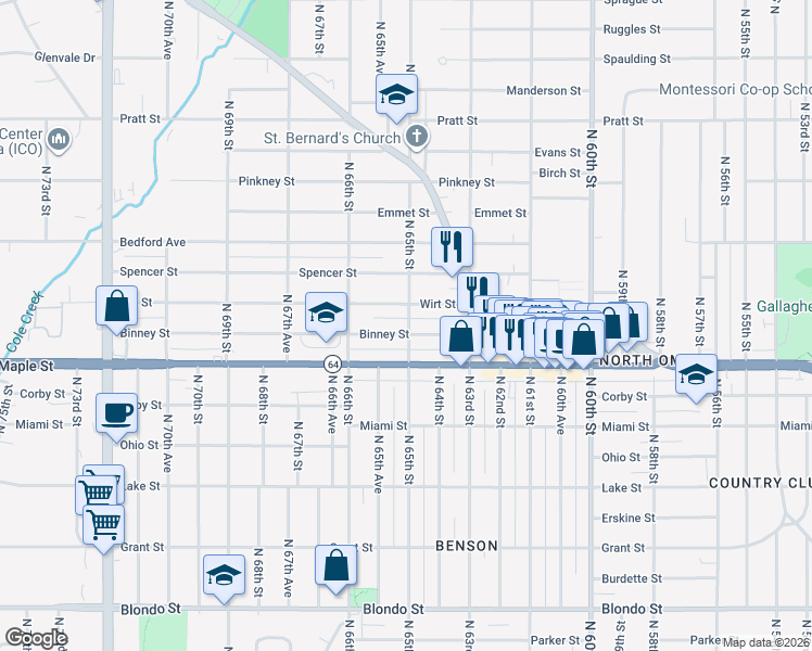 map of restaurants, bars, coffee shops, grocery stores, and more near 6502 Binney Street in Omaha