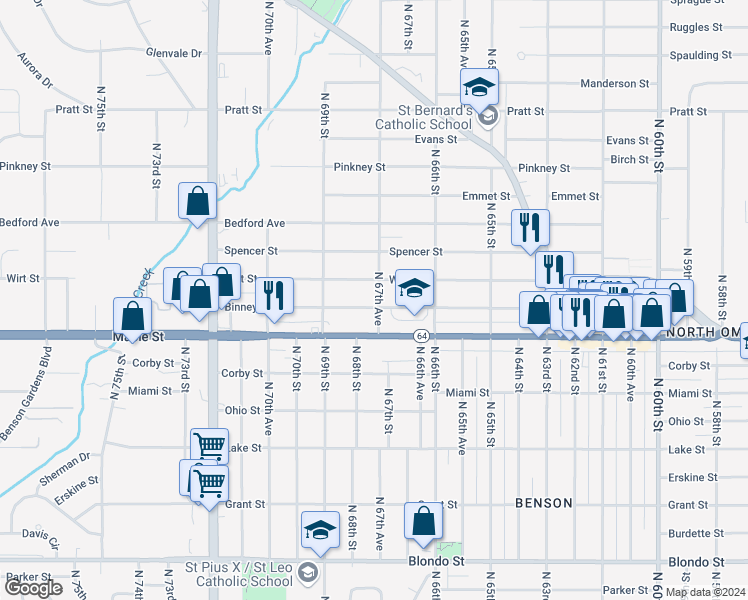 map of restaurants, bars, coffee shops, grocery stores, and more near 6645 Binney Street in Omaha