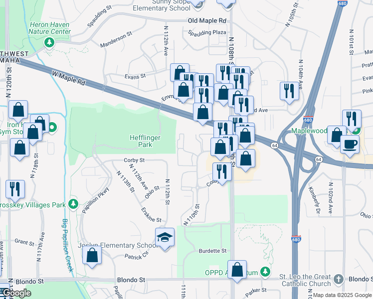 map of restaurants, bars, coffee shops, grocery stores, and more near 3125 North 112th Plaza in Omaha