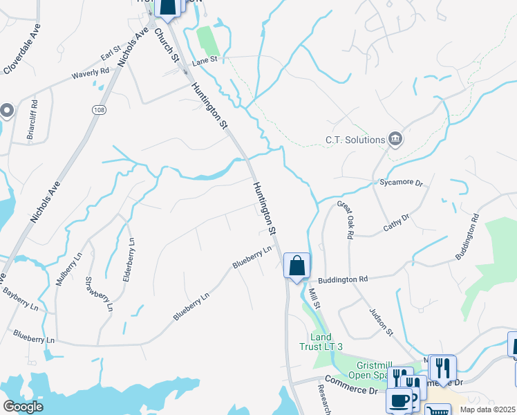 map of restaurants, bars, coffee shops, grocery stores, and more near 243 Huntington Street in Shelton
