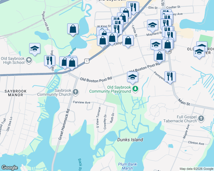 map of restaurants, bars, coffee shops, grocery stores, and more near 3 Trask Road in Old Saybrook