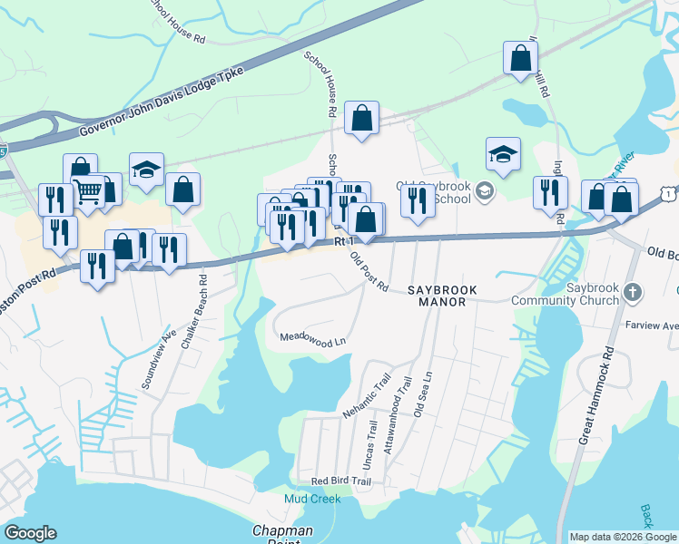 map of restaurants, bars, coffee shops, grocery stores, and more near 6 Meadowood Lane in Old Saybrook