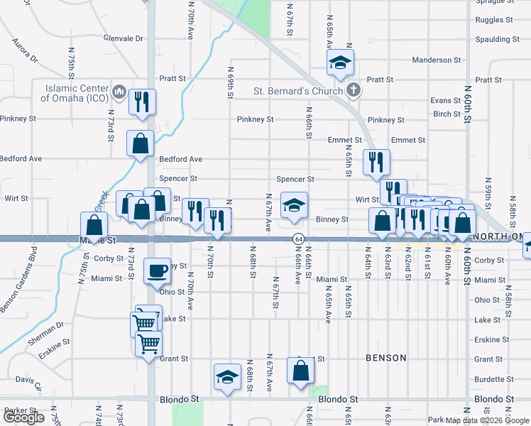 map of restaurants, bars, coffee shops, grocery stores, and more near 6645 Binney Street in Omaha