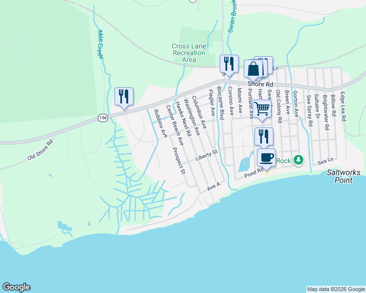 map of restaurants, bars, coffee shops, grocery stores, and more near Center Beach Avenue in Old Lyme