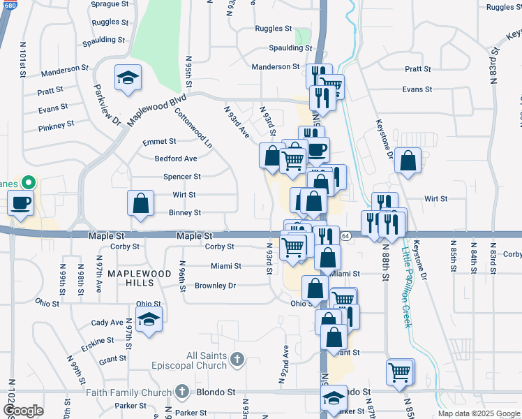map of restaurants, bars, coffee shops, grocery stores, and more near 3008 Menke Circle in Omaha