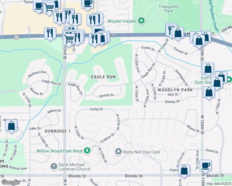 map of restaurants, bars, coffee shops, grocery stores, and more near 12820 Binney Street in Omaha