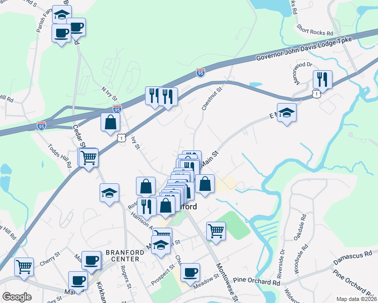 map of restaurants, bars, coffee shops, grocery stores, and more near 46 Chestnut Street in Branford