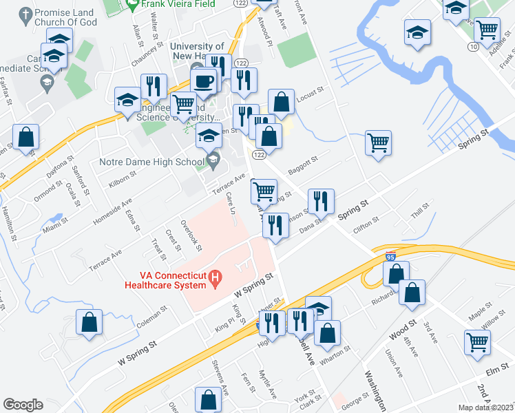 map of restaurants, bars, coffee shops, grocery stores, and more near 1000 Campbell Avenue in West Haven